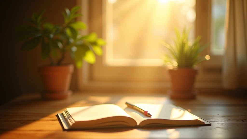 Zonlicht stroomt door raam op schrijftafel met journal en plant