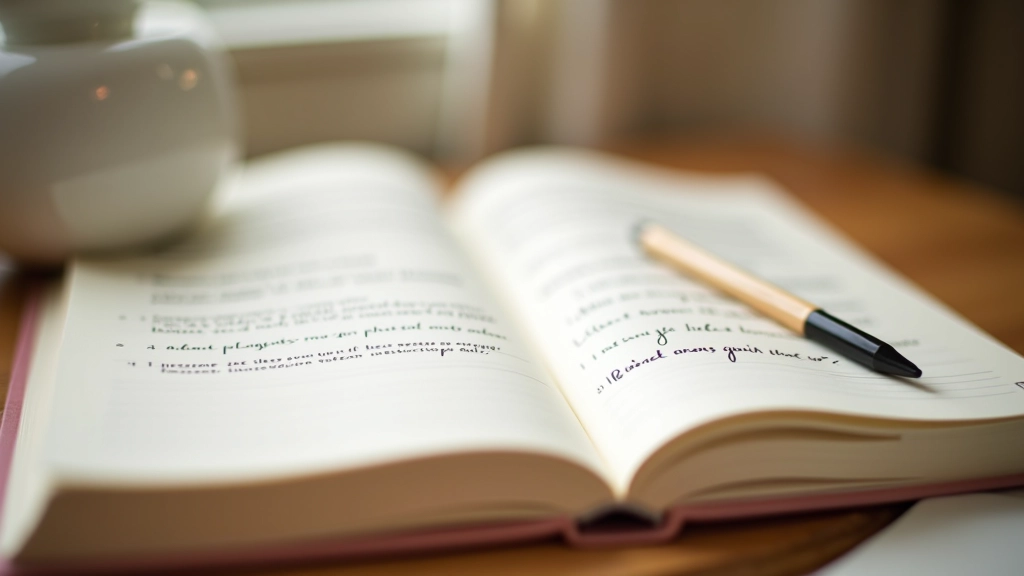 Journal met vragen geschreven, pen en bladwijzer op nachtkastje