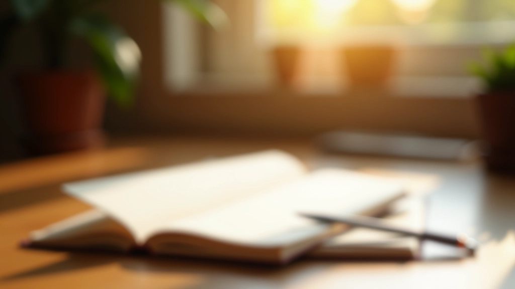 Notitieboek met pen op houten tafel, ochtendlicht door raam, warme sfeer