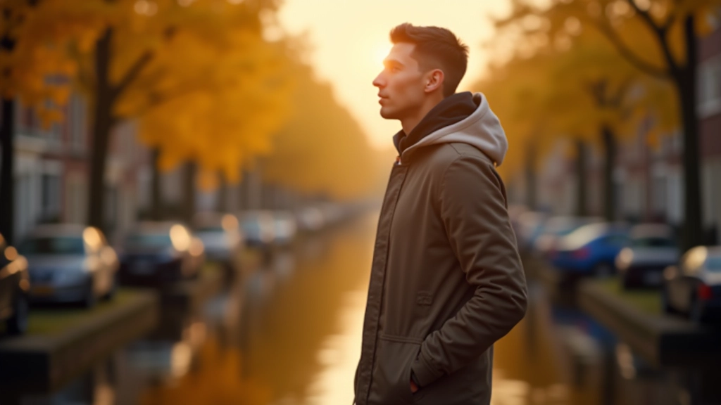 Persoon wandelend langs Amsterdam gracht in ochtendlicht