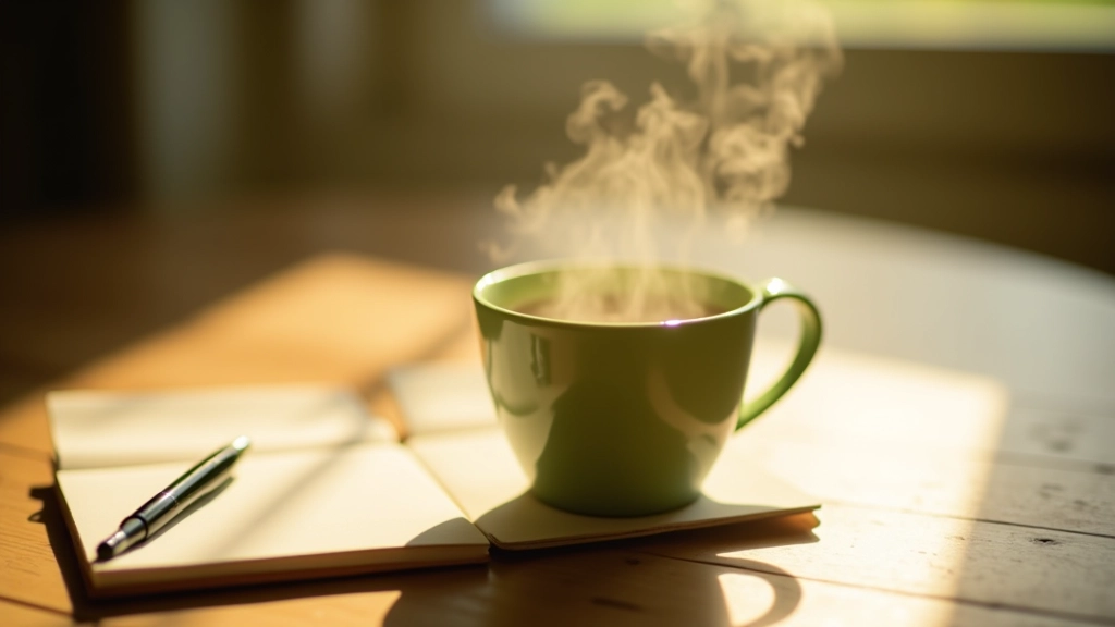 Kopje groene thee op houten tafel met notitieboekje ernaast in ochtendlicht