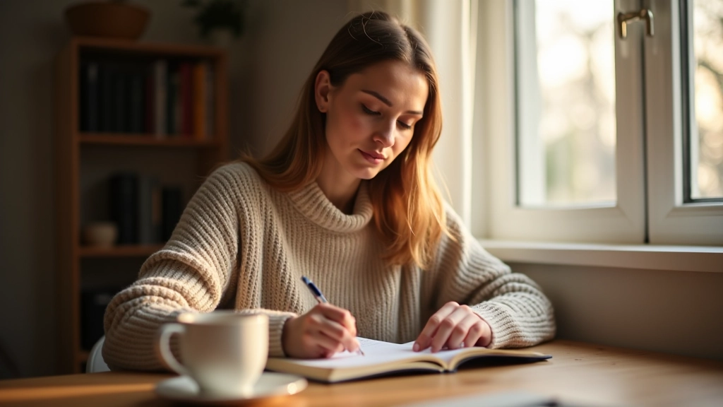 Persoon schrijft in journal met kopje thee erbij, serene ochtendsfeer